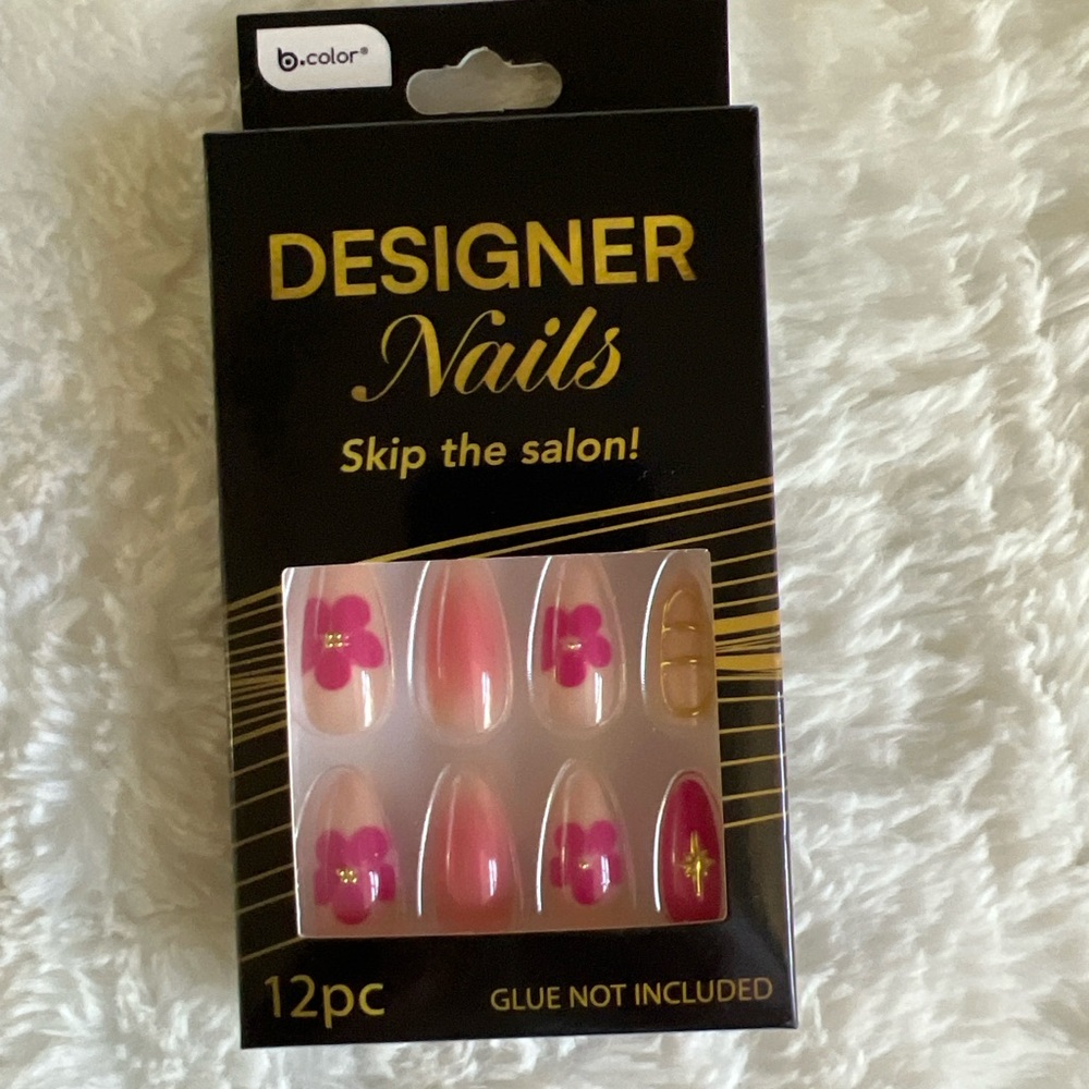 B.color Designer Press On Nails Pink Floral Ombre Gold Accent 12pc New